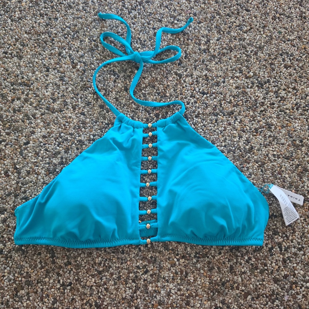 Trina Turk Turquoise High Neck Halter Bikini Top  Size 8